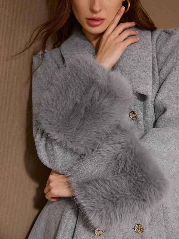 FUZZY CUFF DOUBLE BREASTED OVERCOAT