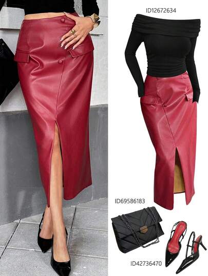 Pariaura Damen eleganter hochgeschnittener burgunderroter Kunstleder-Langrock mit Schlitz und Fake-Taschen, Winter