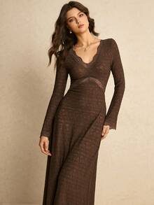 Poéselle 女士撞色蕾丝V领长袖优雅连衣裙 - 咖啡 - 查看 2