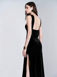 Lumivelle 女士金属扣装饰吊带露背镂空修身侧开衩A字丝绒性感吊带裙 - 黑色 - 查看 3