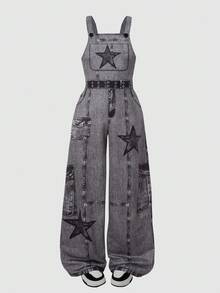 SHEIN ChillGRL 青少年女孩时尚星星印花针织吊带裤，适合学校季节的时尚街头服饰，适合春季、夏季、秋季、日常穿着 - 黑色 - 查看 4