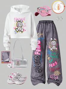 SHEIN ChillGRL Mädchen Lässiger Chic Cartoon Grafik Sweatshirt und passendes Cartoon Hosen Set - Weiss - Übersicht 8
