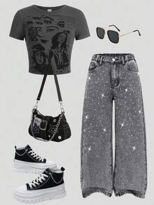 SHEIN Explorewe Tween Girl Grey Fashion Simple Casual Rhinestone Decorated Loose Wide Leg Washed Denim Pants - Grey - View 3