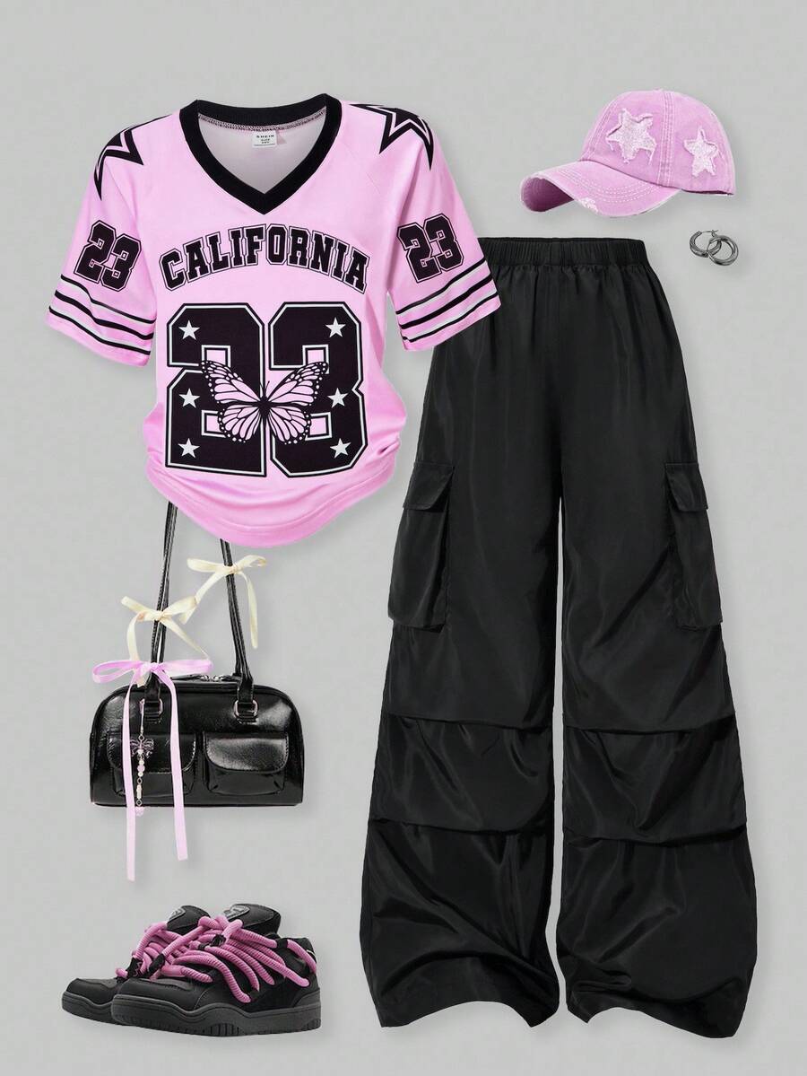 SHEIN ChillGRL 青少年女孩两件套：美式插肩袖图案T恤和工装裤 - 粉色 - 查看 1