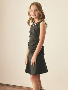Girls' Black Summer Casual Pleated Sleeveless Dress,Autumn Sweet Cool Niche Design Little Black Dress For Daily Parties And Performances - Black - View 2