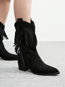 CUCCOO BIZCHIC Women's Western Style Fringe Design Pointed Toe Chunky Heel Ankle Boots, Everyday Wear - Black - View 4