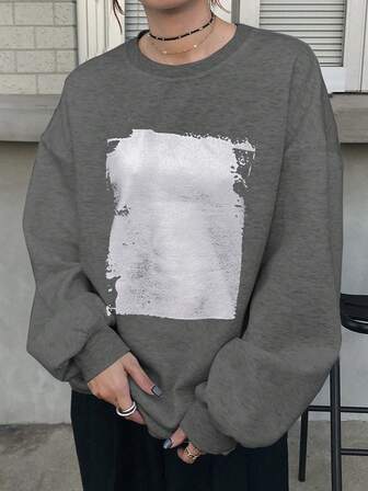 FRIFUL Women's Solid Color Round Neck Drop Shoulder Long Sleeve Silver Printed Loose Casual Fleece Sweatshirt, Autumn/Winter