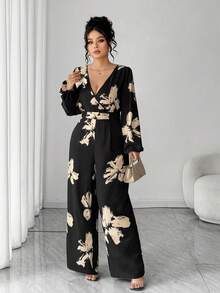 Elenzga Fashionable Autumn/Winter French Romantic Vintage Casual & Commute V-Neck Printed Waist Cinched Puff Sleeve Jumpsuit