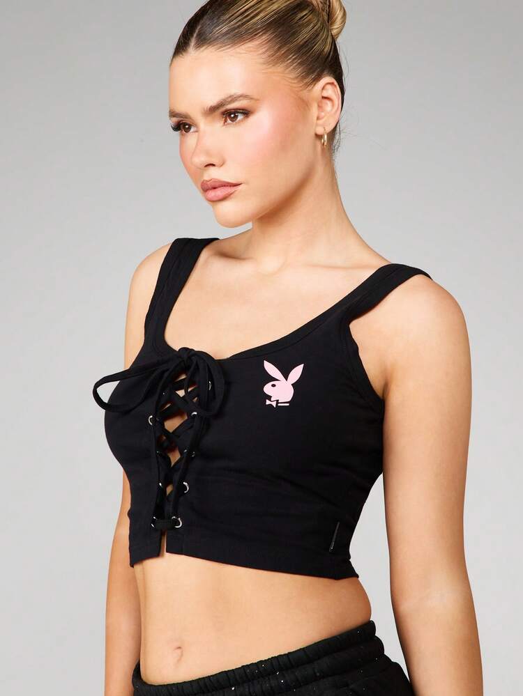 Missguided x Playboy Lace Up Front Ribbed Cami Top With Bunny Logo Black Sleeveless Crop Top