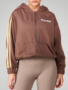 Missguided x Playboy Oversized Zip Up Hooded Sweatshirt With Side Stripe Detail And Centre Pocket For Casual Fall Winter Comfort - Brown - View 5
