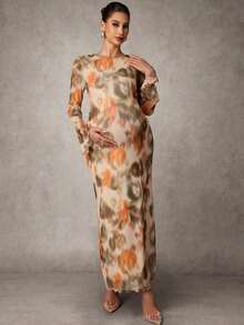 MaterniChic Tie-Dye Print Maternity Dress With Round Neck And Bell Sleeves Elegant Dresses Baby Shower Dress Pregnancy Photoshoot Dress Maternity Dress For Photoshoot Long Silk Dress Earth Tone Dress Dress Modest Modest Dress - Multicolor - View 3