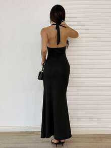 Sunnyshic Đầm bodycon đuôi cá hở eo phối ren đen cho nữ, gợi cảm & quyến rũ cho tiệc tùng, hẹn hò, đám cưới, thời trang, kỳ nghỉ bãi biển, thiết kế nhún bèo, co giãn & mềm mại, mùa thu - màu đen - Xem 2