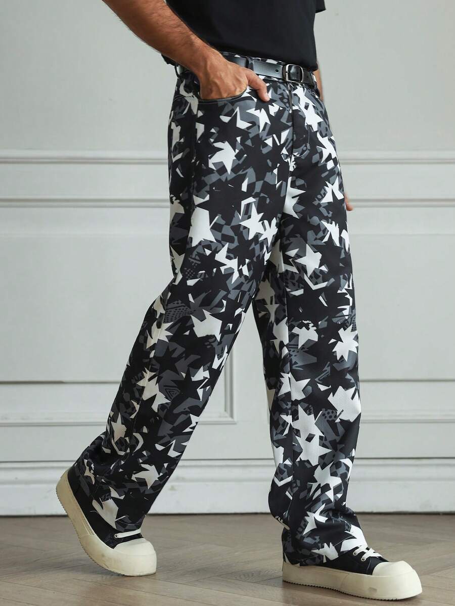 HUEFORM Herren Schwarze Sternmuster Gerade geschnittene Lässig Hose mit Taschen, perfekt für einen raffinierten Ausflug - Schwarz und Weiss - Übersicht 1