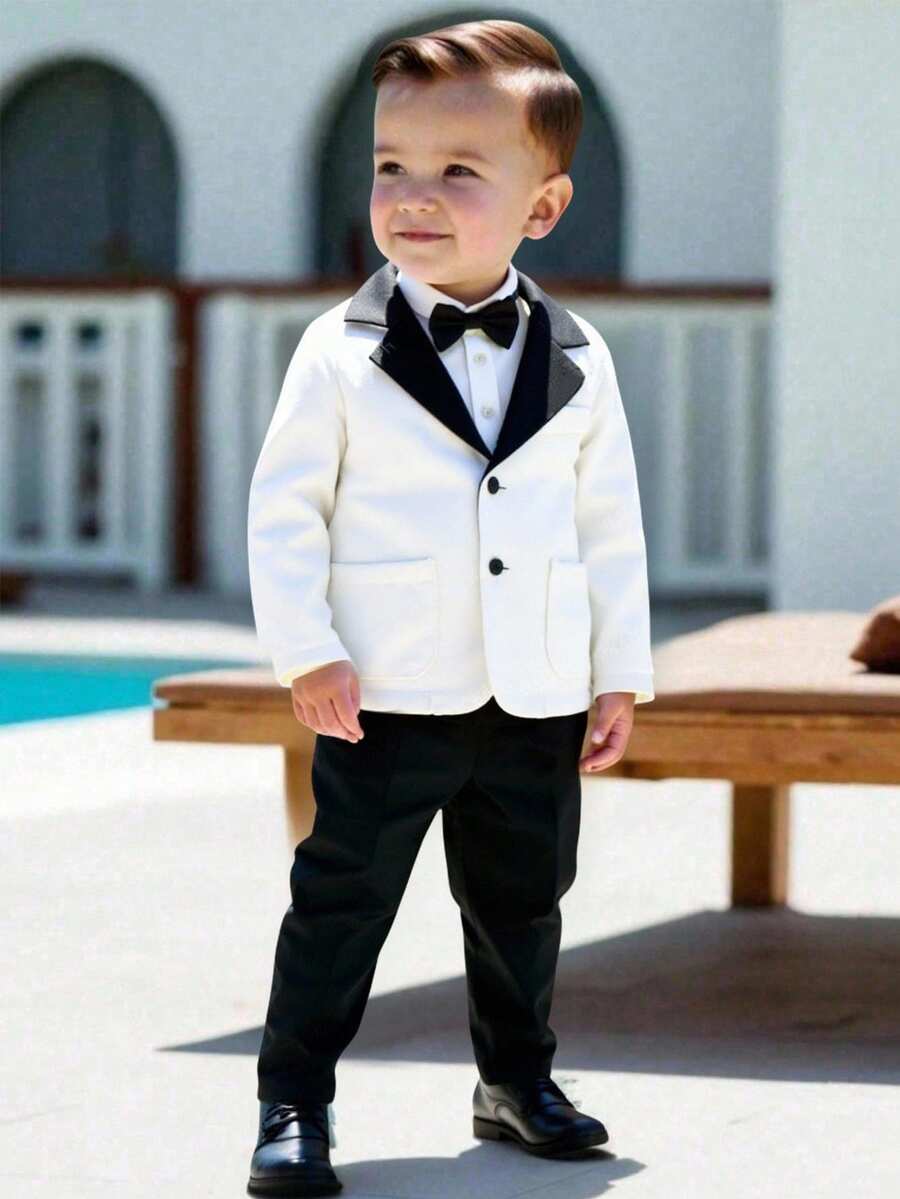 Baby Boy Gentleman Outfit Set, White Shirt,White And Black Blazer, Elastic Waist Pants Set, Suitable For Birthday Party, Evening Party, Performance, Wedding, Baby Shower, 1st Birthday Celebration Gentleman Suit Long Sleeve Jacket Formal Suit With Bowknot  New Years - Black and White - View 1