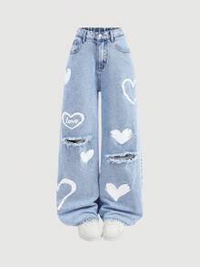 Girlism 少女白色心形字母印花宽松蓝色牛仔裤 - 淺色水洗藍 - 查看 5
