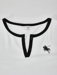 SHEIN ChillGRL Teen GirlCasual Versatile Short Sleeve V-Neck Button Front Top, Suitable For Walking, Shopping, Work, School, Travel, Can Be Paired With Jackets, Vests, Pants, Sweatpants - White - View 5