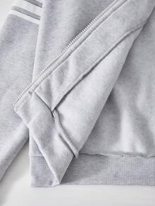 SHEIN Explorewe Teen Girl Solid Color Hooded Fleece Sleeve Striped Sweatshirt, Autumn/Winter - Grey - View 8