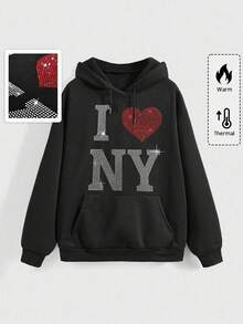 ROMWE Grunge Punk Cute Heart Slogan Rhinestone Embellished Loose Fit Black Printed Sweatshirt For Women, Autumn/Winter - Black - View 1