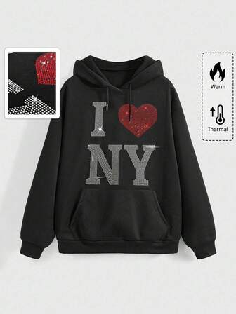Grunge Punk Niedlicher Herz-Slogan Strass verzierter, locker sitzender schwarzer bedruckter Hoodie Sweatshirt für Frauen, Herbst/Winter