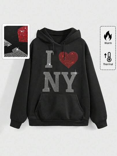 Grunge Punk Cute Heart Slogan Rhinestone Embellished Loose Fit Black Printed Hoodie Sweatshirt For Women, Autumn/Winter