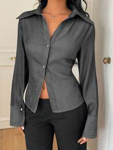 Franclia Women's Elegant Dark Gray Shirt Collar Long Sleeve Blouse,Casual Autumn Winter Tops For Office Business Daily Wear,Christmas New Year Thanksgiving Top - Dark Grey - View 8