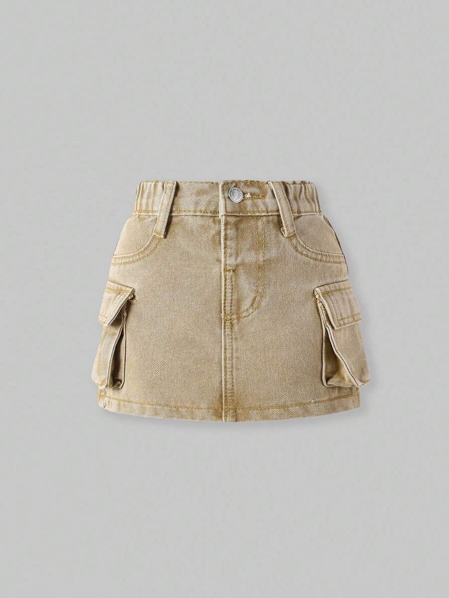 SHEIN ChillGRL Váy Denim Nhiều Túi Đơn Giản Cho Cô Gái Trẻ - Màu Khaki - Xem 1