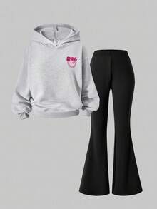 SHEIN Explorewe Streecool 儿童/青少年女孩休闲闪电和笑脸印花连帽运动衫和弹力喇叭裤两件套，秋冬 - 淺灰色 - 查看 4