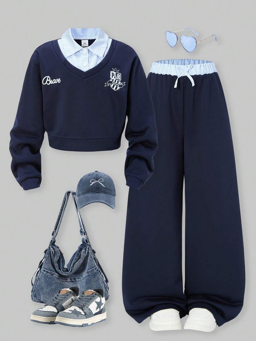 SHEIN ChillGRL Set 2 buc. pentru fete preadolescente Romweezy, lejer, casual, cu imprimeu contrastant, 2 în 1, hanorac scurt cu guler, stil V, asortat cu pantaloni largi, casual, cu imprimeu contrastant, potrivit pentru zi cu zi, naveta, sport, vacanță, adunări, fotografie stradală - Albastru regal - Vizualizare 1
