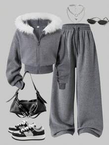 SHEIN ChillGRL Streecool Tween Girl Girls 2-Piece Set: Fleece Zip-Up Hooded Short Jacket With Frayed Edges + Drawstring Straight Leg Pants, Suitable For Casual, Commute, Vacation In Autumn/Winter Fall