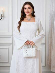 Modelyn Plus Size Women Elegant Jacquard Square Neck Flare Sleeve Dress - Apricot - View 6