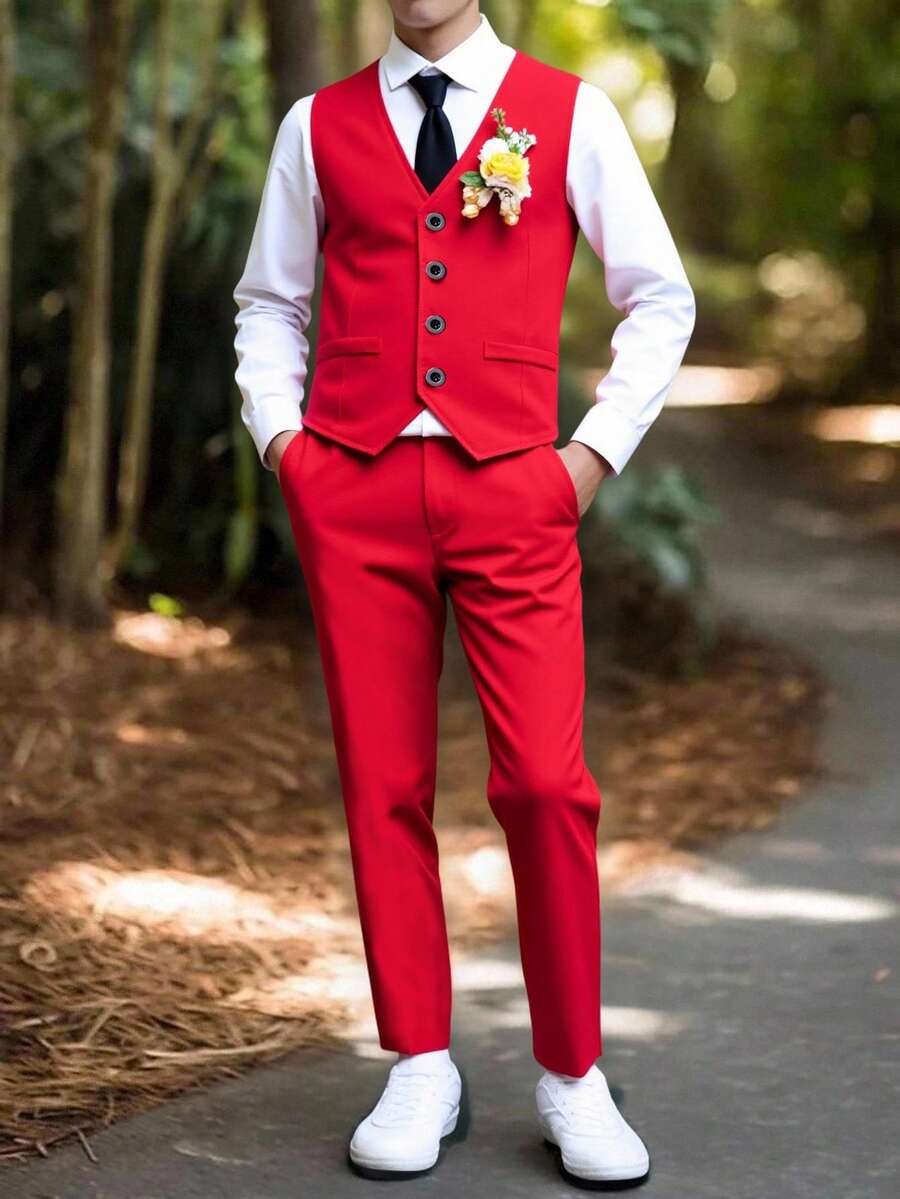 SHEIN 2 件套青少年男童春夏韩版修身正装西装,婚礼/派对/钢琴表演司仪背心套装。宽松休闲不对称背心 + 直筒休闲裤,采用亚麻般柔软透气面料制成,超大宽松版型,不落俗套的设计,时尚潮流,线条流畅,做工精致 - 紅色 - 查看 1