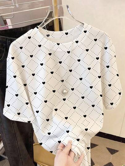 Resyla 时尚法式女式心形图案黑白宽松休闲落肩T恤，甜美可爱，适合夏季穿着，时尚上衣，精美T恤，送给姐妹、母亲、母亲节、情人节的理想礼物，休闲时尚上衣