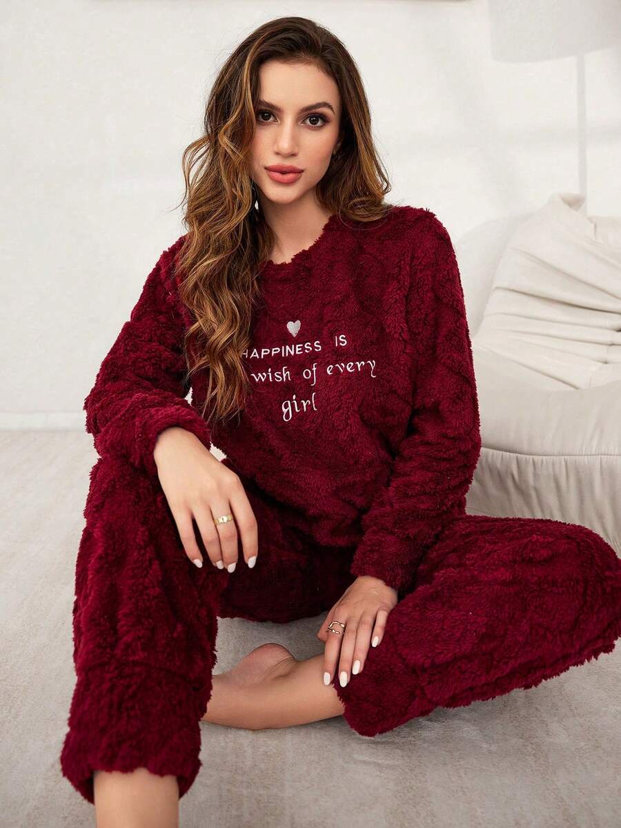 Letter Embroidery Jacquard Plush Women's Lounge Set, Fluffy Winter Clothes Cozy Sets Women Burgundy Pajama Set Women Lounge Wear Sets Red Pj Set Women Pajama Sets For Women Winter - Red - View 1