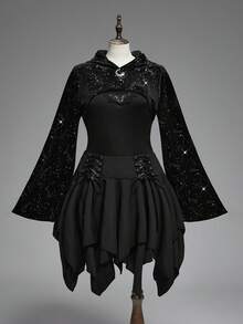 ROMWE Goth 大码哥特式星月亮片羊毛装饰短款优雅闪亮外套，适合秋季穿着；大码女式秋冬黑色连帽短款长袖卫衣；大码黑色连帽卫衣，适合秋冬穿着；哥特风短款上衣，适合圣诞节穿着。 - 黑色 - 查看 5