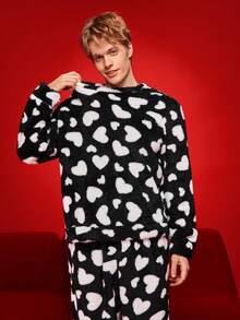 Notgurli 男士心形装饰抓绒睡衣上衣，情人节 - 黑色 - 查看 7