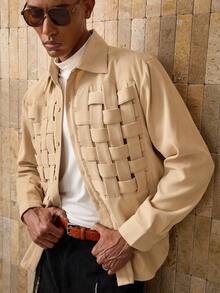 AKNOTIC 男士纯色编织腰带休闲衬衫 - 駝色 - 查看 5