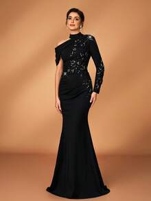 Serin Elegant Luxurious Faux Pearl Beaded Lace Applique Patchwork Elastic Knit Ruched Sleeve Mermaid Hem Dress, Suitable For Wedding, Party, Holiday, Bridal, Mother Of The Bride Evening Gown, Valentine's Day - Black - View 2