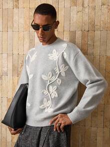 AKNOTIC Herren gestrickter Pullover, khakifarbener Rundhals-Loose-Fit Lässig Pullover, einfarbiges Chenille-Jacquard, Handwäsche oder chemische Reinigung, geeignet für Herbst/Winter - Grau - Übersicht 6