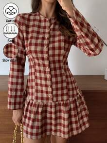 Elyressa Váy kẻ caro thanh lịch và thời trang dành cho quý cô mùa thu - Đỏ - Xem 1