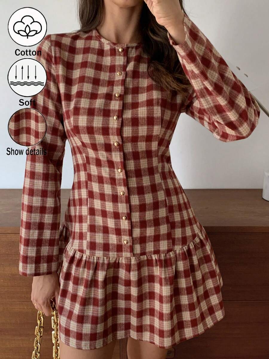 Elyressa Váy kẻ caro thanh lịch và thời trang dành cho quý cô mùa thu - Đỏ - Xem 1