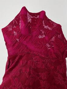 Modelyn French Design Lace High Neck Tie Waist Ruched Slim Fit Dress For Women