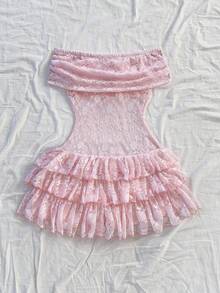 Soleia Elegant Lace Ruffle Trim Jumpsuit, Suitable For Vacation, Spring/Summer Pink Ruffle Dress Frilly Dress Sweetra Dress - Pink - View 4