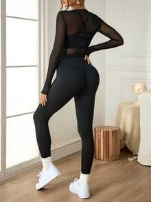 SHEIN Sports Conjunto de yoga casual y versátil de 3 piezas en negro: Camiseta de manga larga con almohadillas extraíbles, pantalones ajustados, ajuste slim - Negro - Ver 2