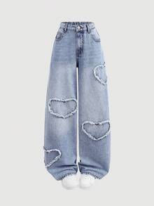 Girlism Jeans in denim blu con vestibilità morbida e decorazione a cuore sfilacciata, adatti per ragazze adolescenti - Blu lavato scuro - Visualizzare 5
