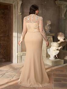 Aureia Plus Size Elegant Romantic Apricot Deep V-Neck Floral Decor Waist Ruched Mermaid Hem Formal Evening Gown