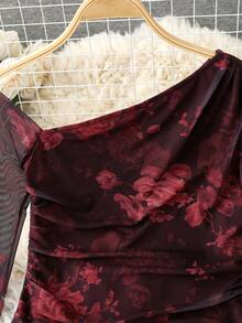 Franclia Women's Fashion Leopard Print Mesh Sheer Shoulder Long Sleeve Bodysuit