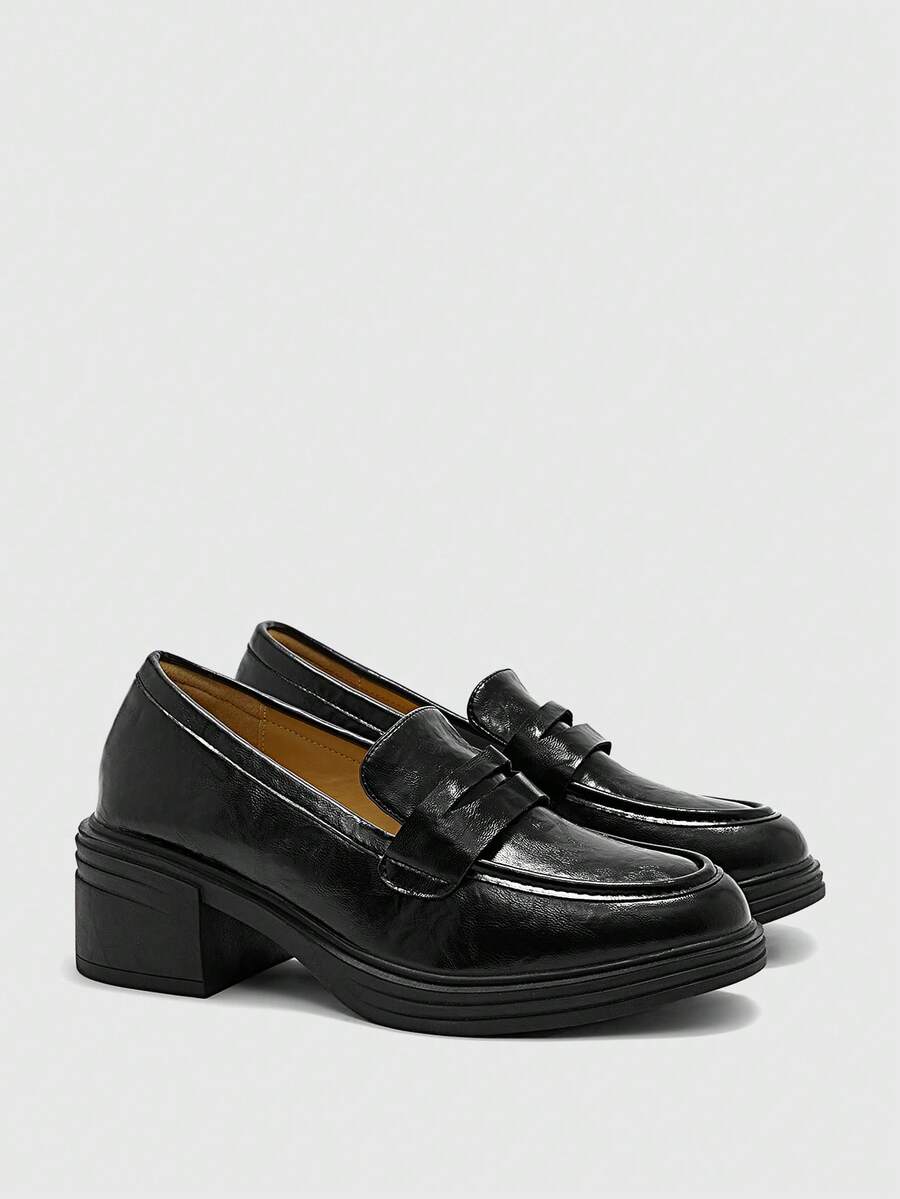 CUCCOO BIZCHIC 1双女士套脚圆头粗跟乐福鞋，黑色，PU材质，适合派对、日常穿着、晚礼服，增高显腿长 - 黑色 - 查看 1