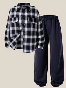 SHEIN Explorewe Set de 2 piezas de camisa de manga larga a cuadros y pantalones casuales para niñas, otoño/invierno - Multicolor - Ver 4