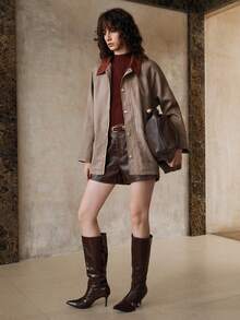 Arave Jaqueta Retrô de Gola Xadrez, Retalhos, Contraste de Cores, Design Elegante e Versátil para Uso Diário - Vinho - Visão 2