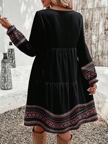 EMERY ROSE Casual Geometric Print Bohemian Style Loose Fit Round Neck Plus Size Dress, Suitable For ,Flower/Spring/Summer/Vacation - Multicolor - View 2